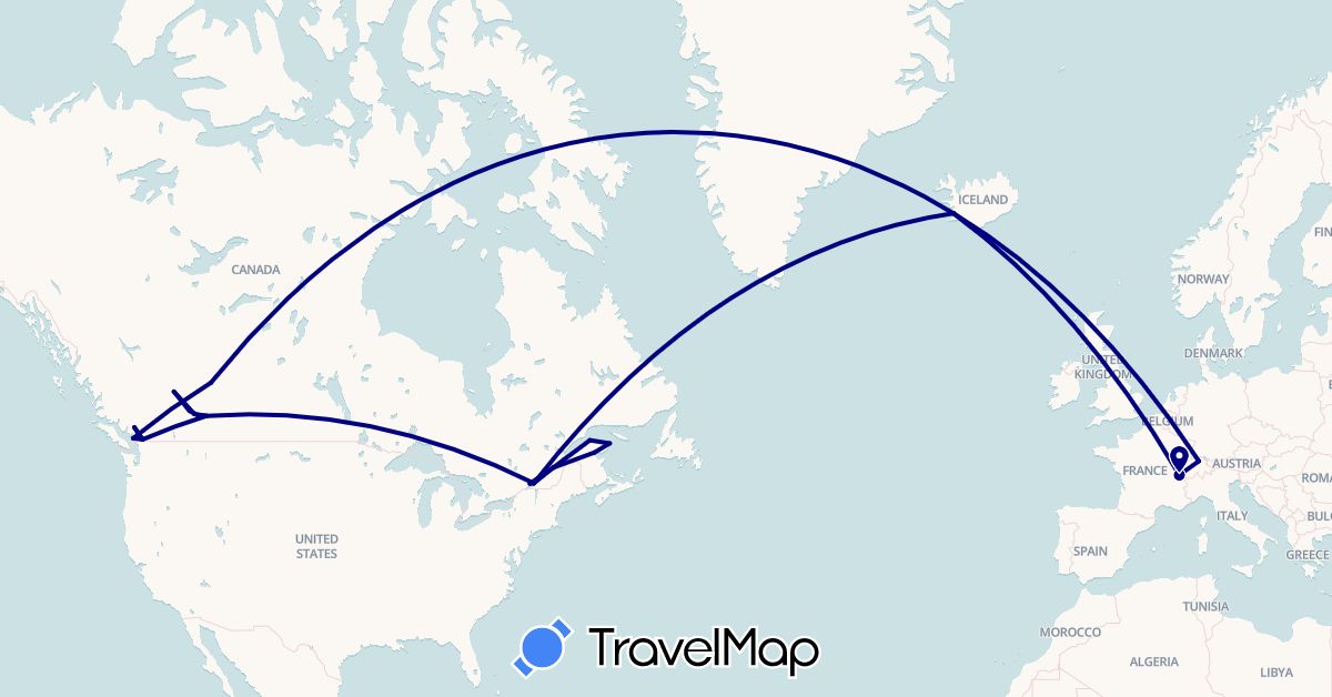 TravelMap itinerary: driving in Canada, Switzerland, Iceland (Europe, North America)